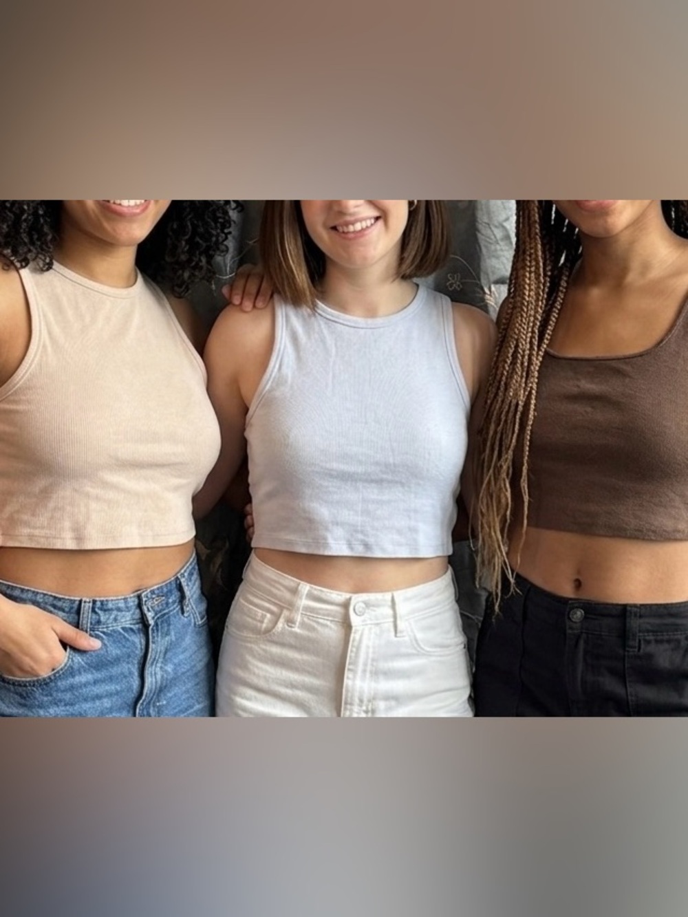 H&M Young womans Ribbed Crop Tank Trio — Light Blue, Beige & Brown